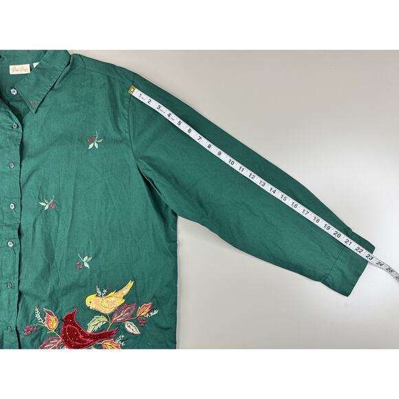 Bobbie Brooks Woman Embroidered Cardinals Button Up Shirt 18W/20W Green Birds - Picture 7 of 10